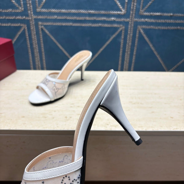 GG Women's Crystal Slide 8.5cm Sandal White Mesh Leather 741298