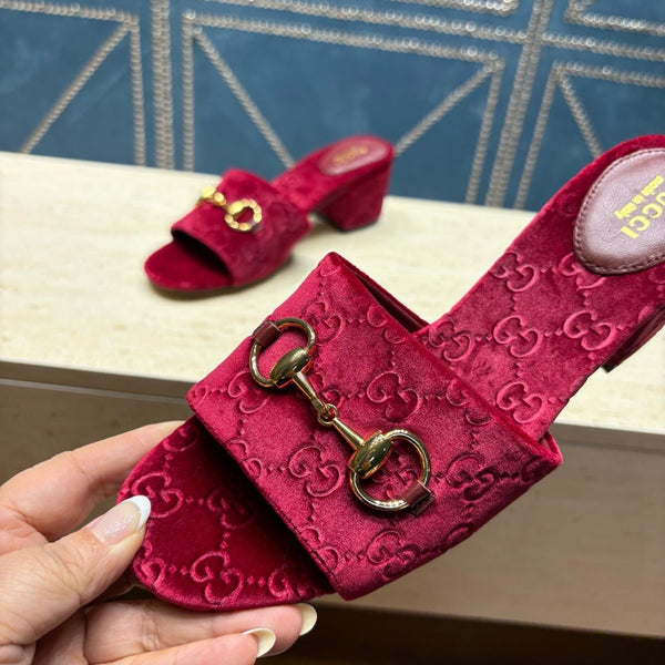 GG 26ss Sandales à Talon Carré 55 Velours Bordeaux 741301