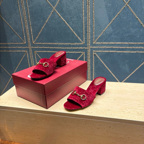 GG 26ss Sandales à Talon Carré 55 Velours Bordeaux 741301
