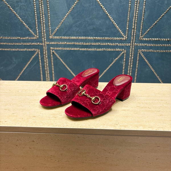 GG 26ss Sandales à Talon Carré 55 Velours Bordeaux 741301