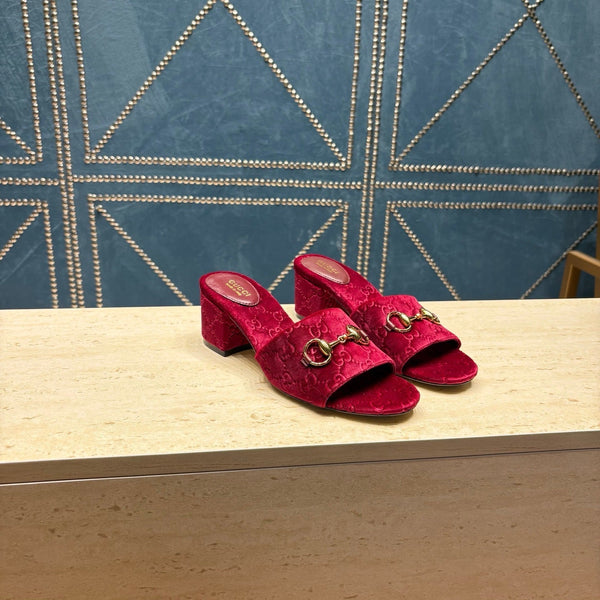 GG 26ss Sandales à Talon Carré 55 Velours Bordeaux 741301