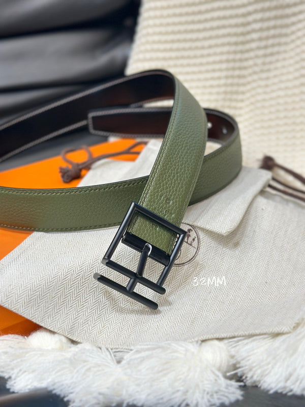 CINTURA REVERSIBILE HM NATHAN 32MM VERDE OLIVA E PELLE NERA FERRAMENTA NERA