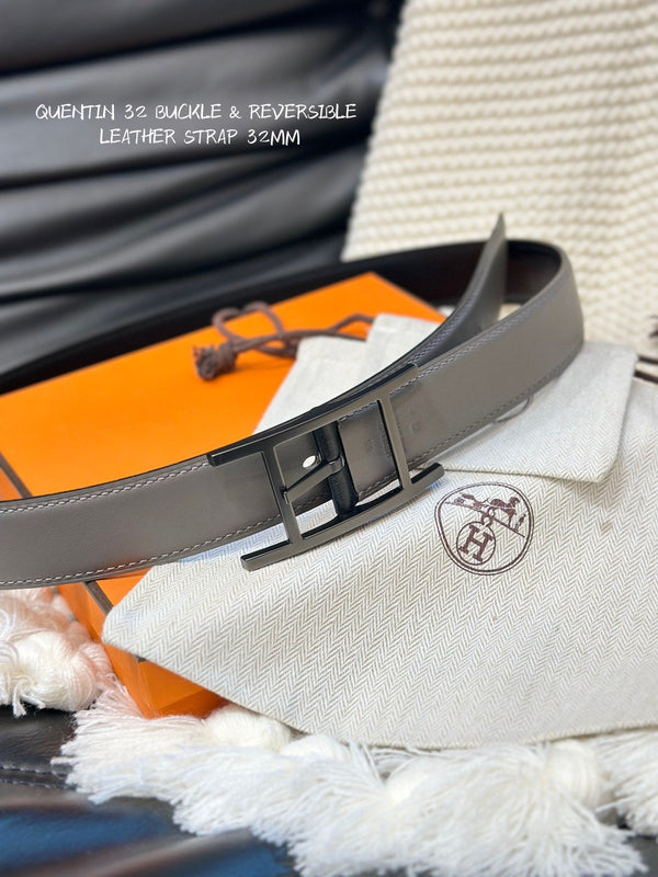 CINTURA REVERSIBILE HM QUENTIN 32MM IN PELLE NERA E MARRONE KAKI, FERRAMENTA NERA