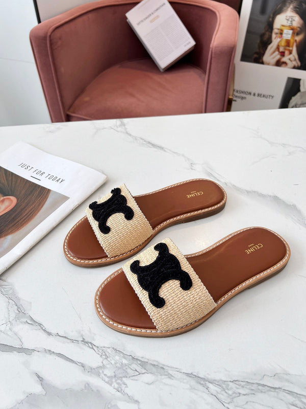 Celine 25C Slippers Beige mix Black Fabric with Calfskin 238156