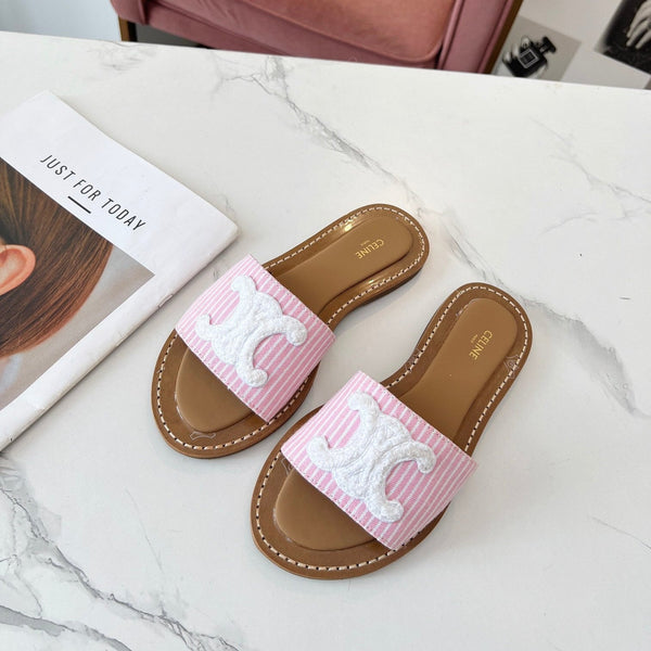 Celine 25C Slippers Pink mix White Fabric with Calfskin 238164