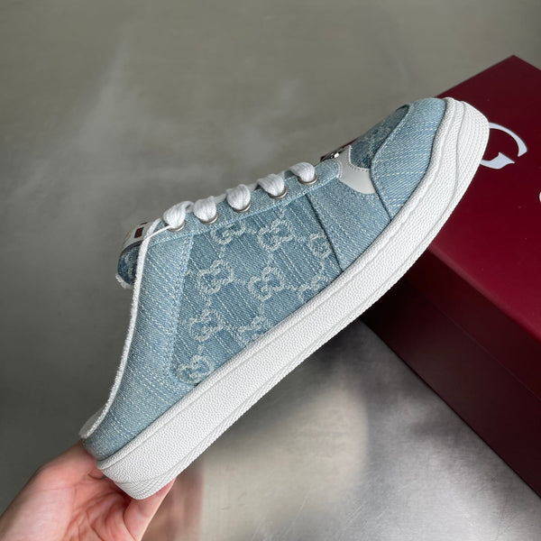 Mules Screener da uomo GG in denim blu 722598