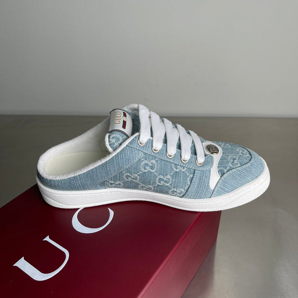 Mules Screener da uomo GG in denim blu 722598