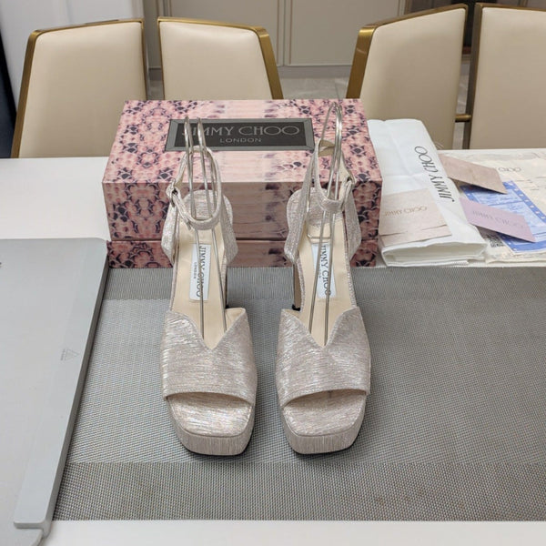 Jimmy 25 Platform Sandal Heels Beige Satin Fabric 240015