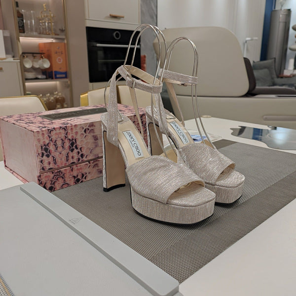 Jimmy 25 Platform Sandal Heels Beige Satin Fabric 240015