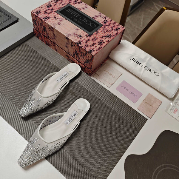 Jimmy 25 Mule Flats in maglia di garza bianca 240056