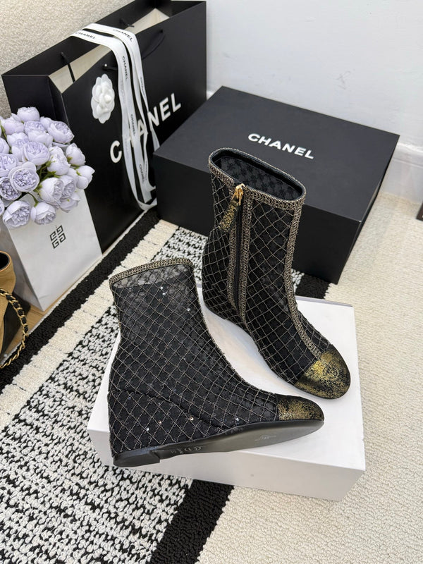 CC 26 Bottine à talon compensé en cuir maillé noir 588857