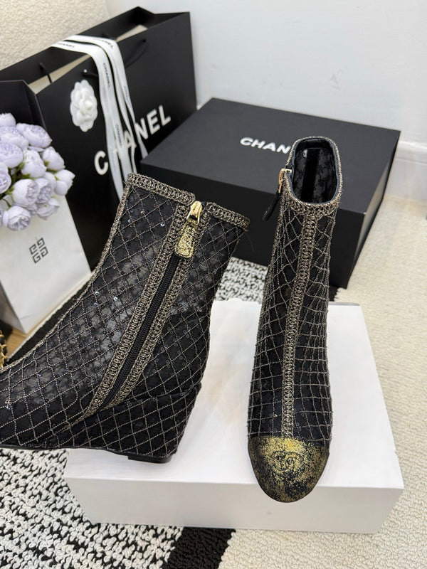 CC 26 Bottine à talon compensé en cuir maillé noir 588857