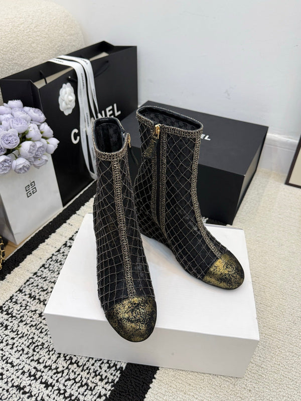 CC 26 Bottine à talon compensé en cuir maillé noir 588857