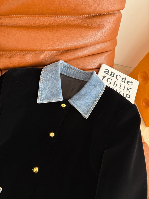Celine 25 Denim Patchwork Velvet Jacket Black Blue