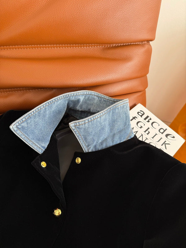 Celine 25 Denim Patchwork Velvet Jacket Black Blue