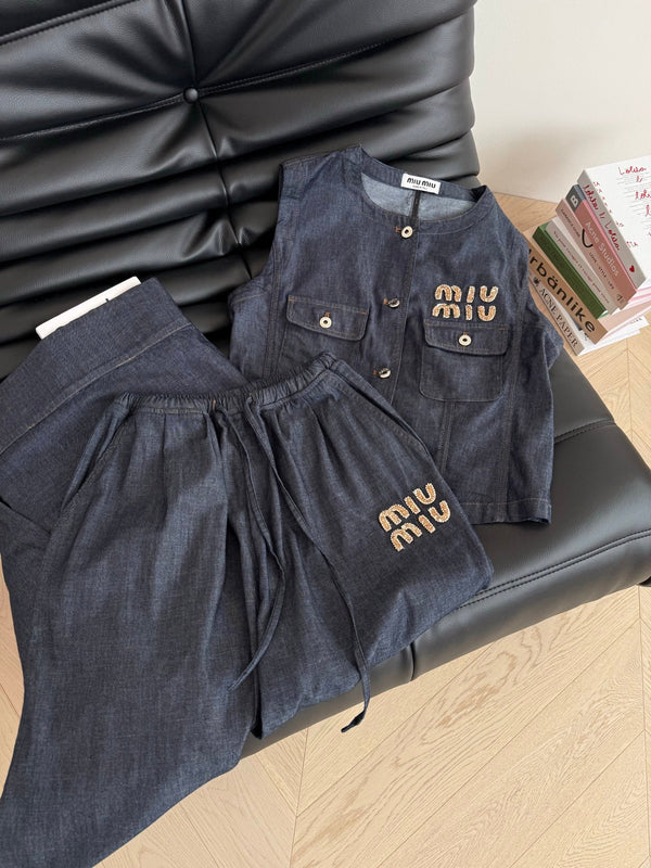 Abito in denim decorato con lettere di perline Miu Miu, blu scuro, in cotone
