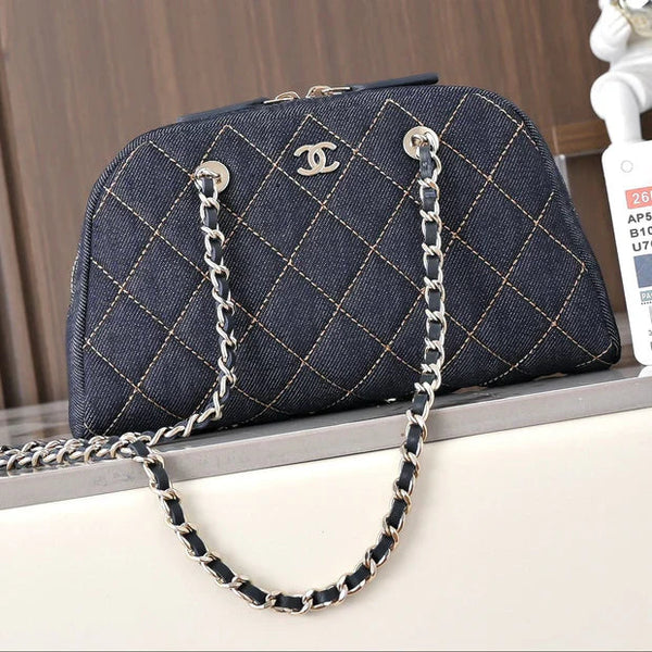 Sac à main CC 2026 en chaîne 19,5 cm, denim bleu et cuir 140656