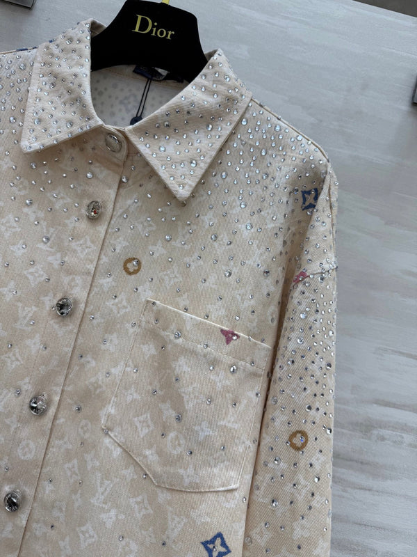 LV 25 Star-Studded Rhinestone Beige Denim