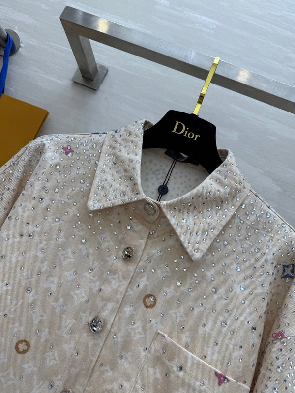 LV 25 Star-Studded Rhinestone Beige Denim