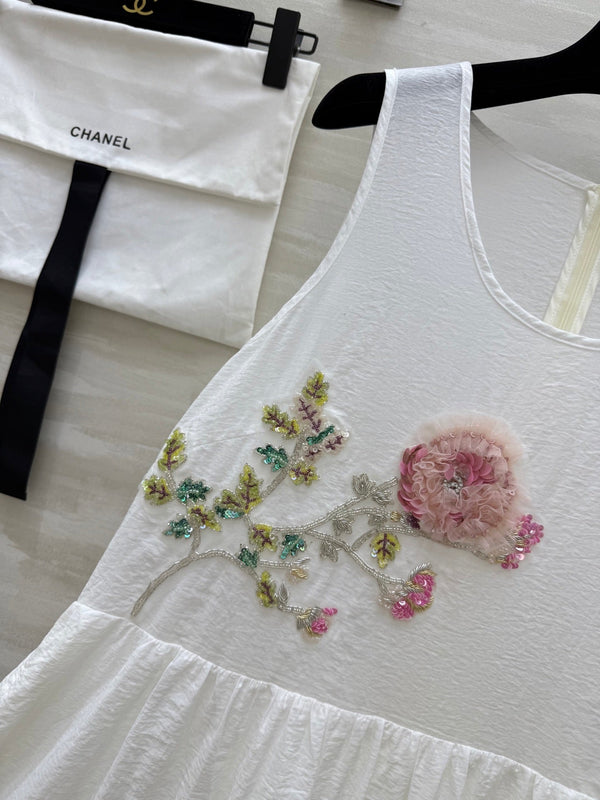 CC Retro Floral Dress White Cotton