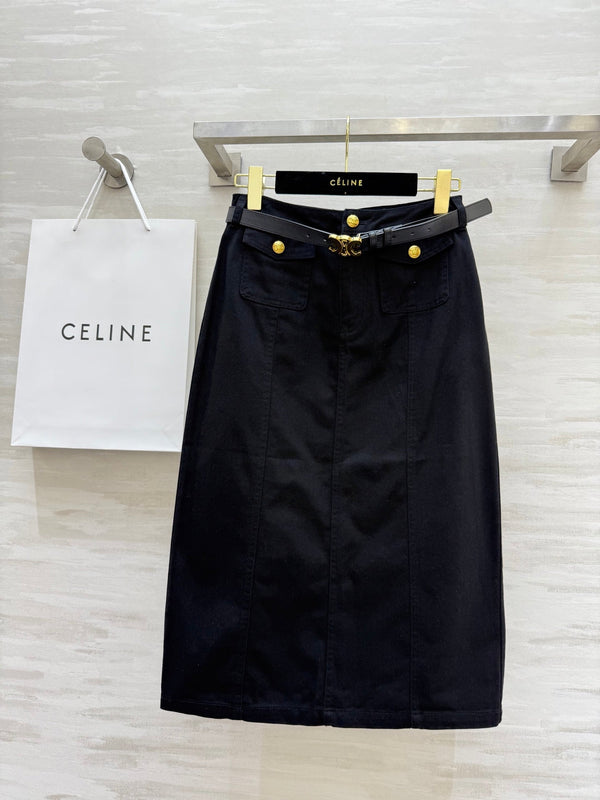 Celine 25 Denim Skirt with Logo Belt Black Cotton
