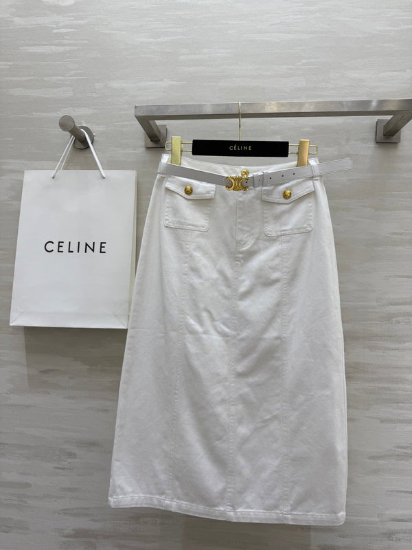 Celine 25 Denim Skirt with Logo Belt White Cotton