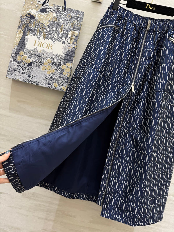 CD 2025 Letter Long Skirt Blue Jacquard Canvas