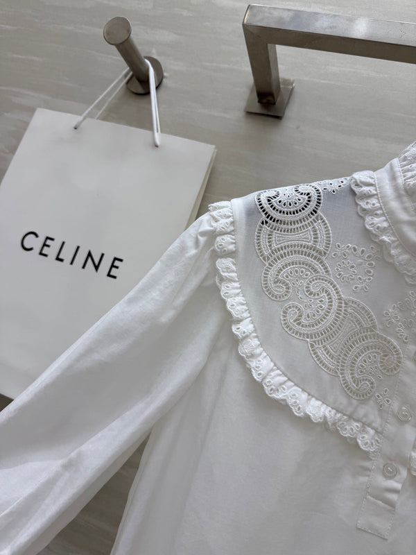 Celine 25 Long sleeve embroidered shirt dress White Cotton