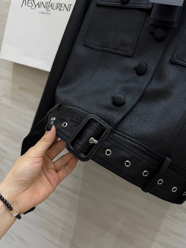 YSL 25 Cracked Pleated Jacket Black Acetate