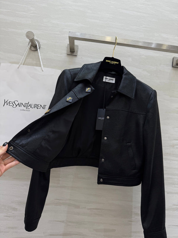YSL 25 Short Jacket Black Acetic Acid Cracked Fabric