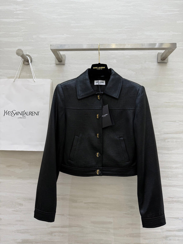 YSL 25 Short Jacket Black Acetic Acid Cracked Fabric