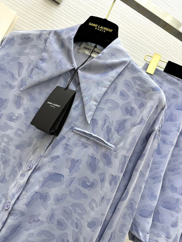 YSL 25 Leopard Print Set Pastel Blue Tencel Cotton