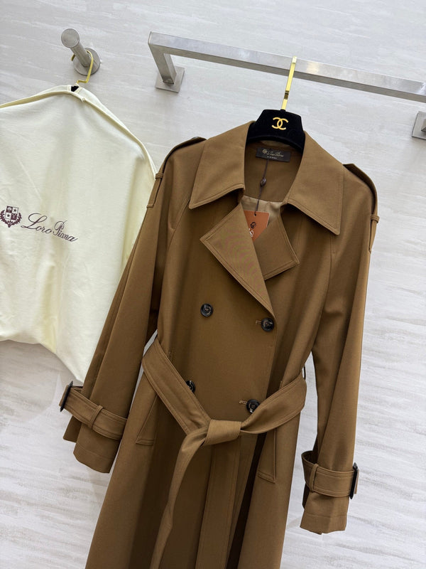 LP 25 Tie-Waist Slim Lapel Long Trench Coat Brown Cotton 305540