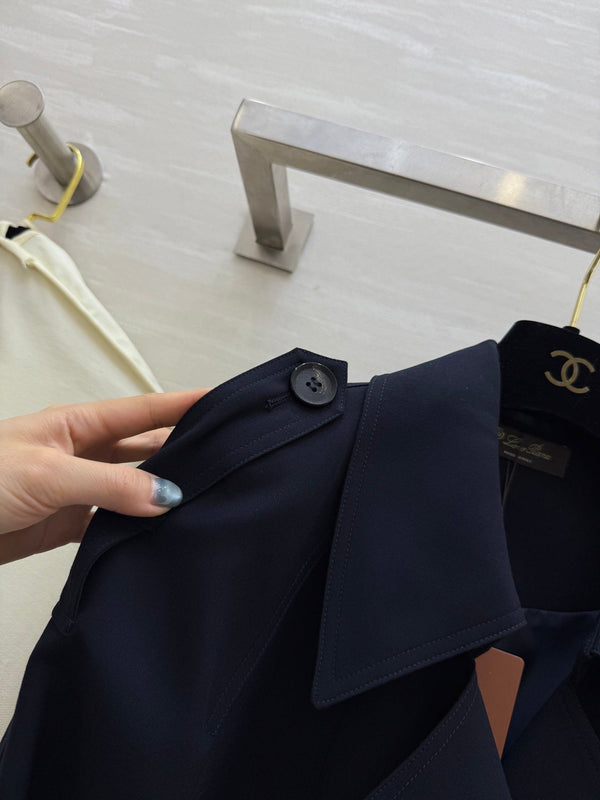 LP 25 Tie-Waist Slim Lapel Long Trench Coat Navy Blue Cotton 305537