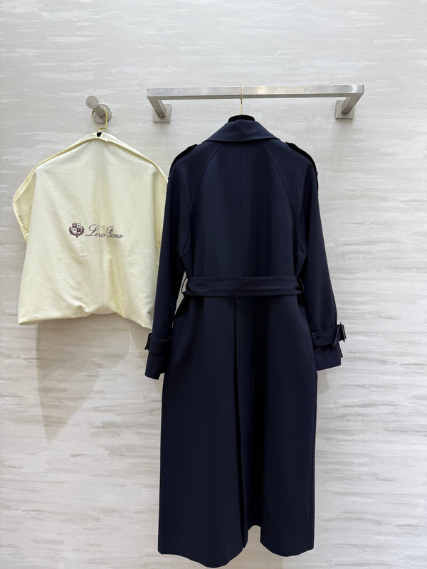 LP 25 Tie-Waist Slim Lapel Long Trench Coat Navy Blue Cotton 305537