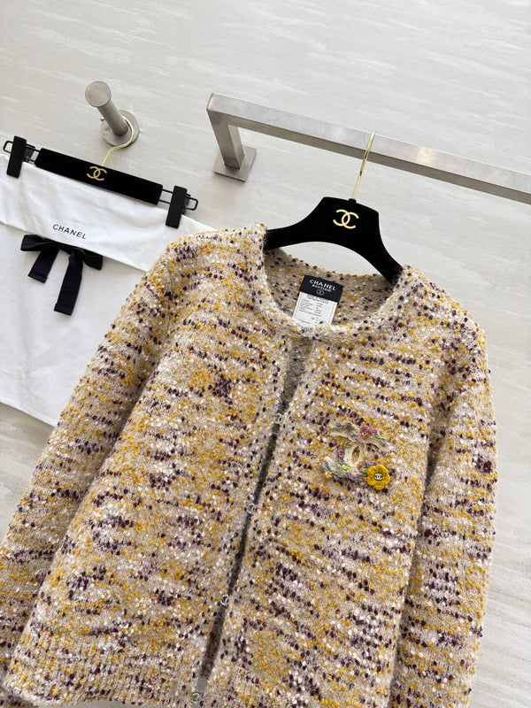 Cardigan Veste CC Beige Multicolore Laine de Mouton Tweed 343317