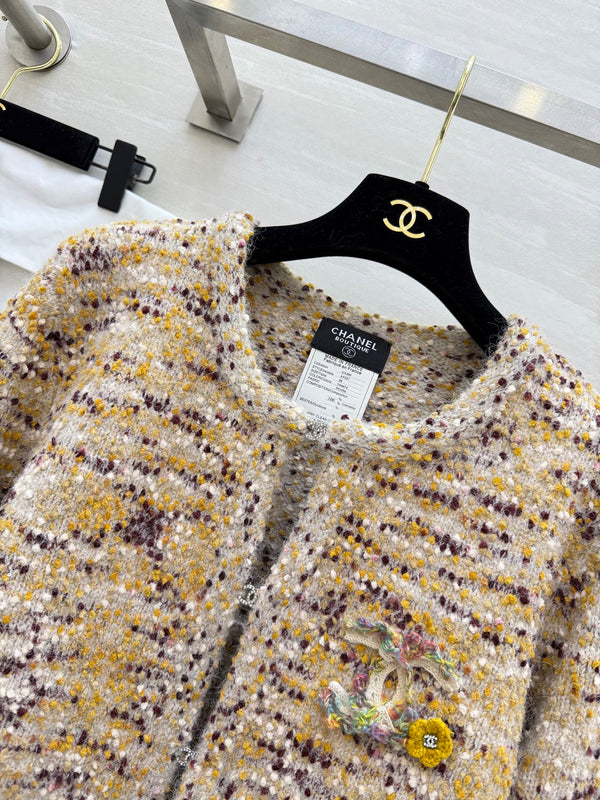 Cardigan Veste CC Beige Multicolore Laine de Mouton Tweed 343317