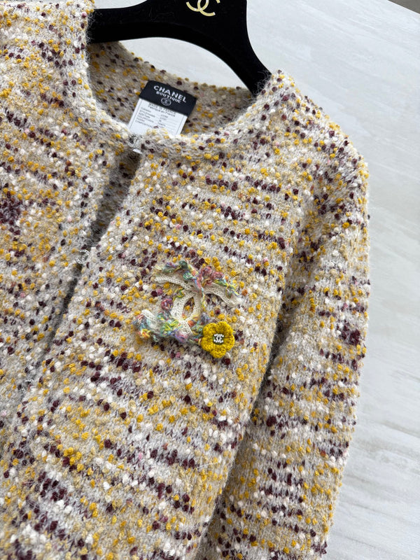 Cardigan Veste CC Beige Multicolore Laine de Mouton Tweed 343317