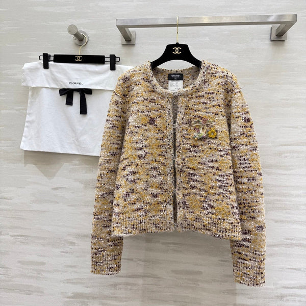 Cardigan Veste CC Beige Multicolore Laine de Mouton Tweed 343317