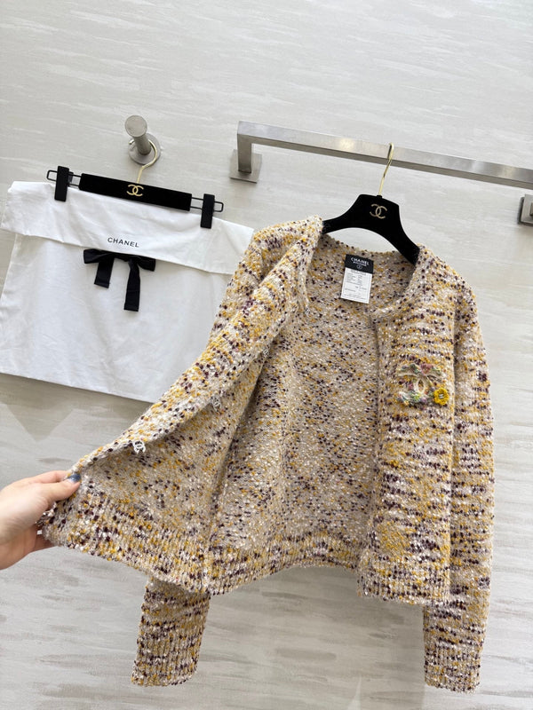 Cardigan Veste CC Beige Multicolore Laine de Mouton Tweed 343317