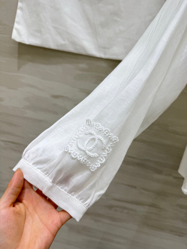 Chemise plissée CC en coton et lin blanc 343303