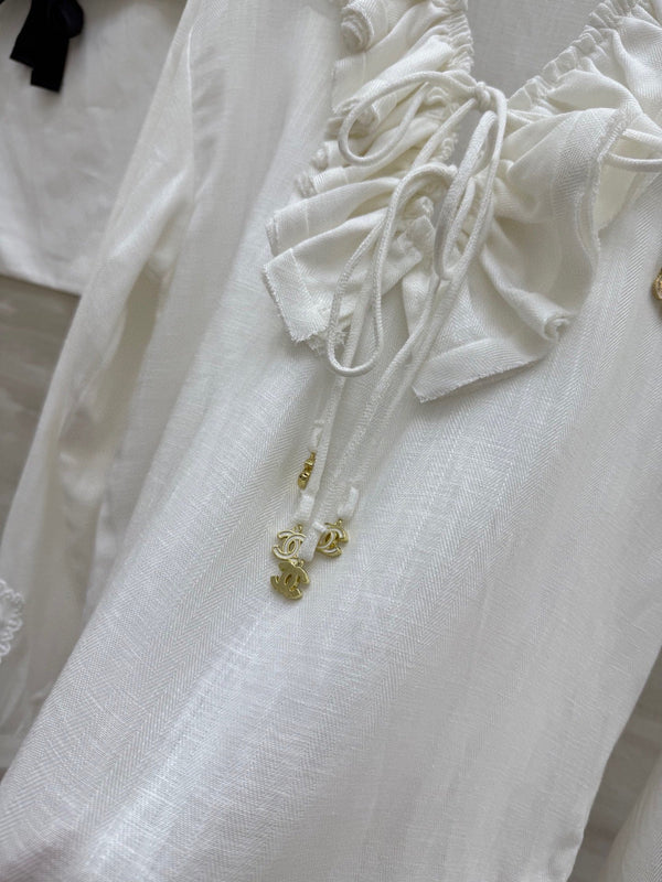 Chemise plissée CC en coton et lin blanc 343303