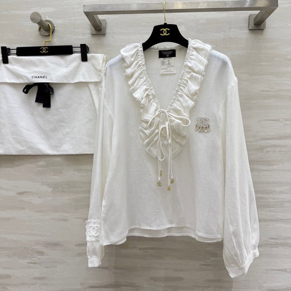 Chemise plissée CC en coton et lin blanc 343303