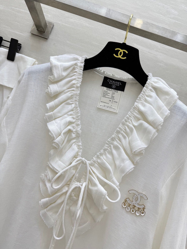 Chemise plissée CC en coton et lin blanc 343303