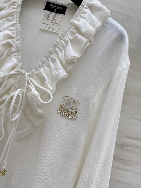 Chemise plissée CC en coton et lin blanc 343303