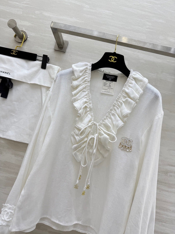 Chemise plissée CC en coton et lin blanc 343303