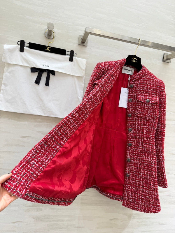 Robe à manches longues en tweed tissé CC Tweed rouge et rose 343197
