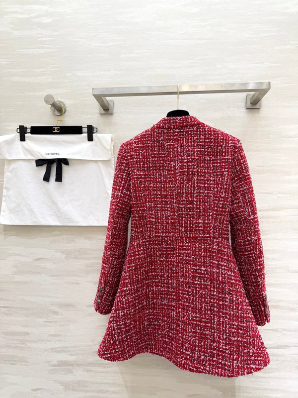 Robe à manches longues en tweed tissé CC Tweed rouge et rose 343197