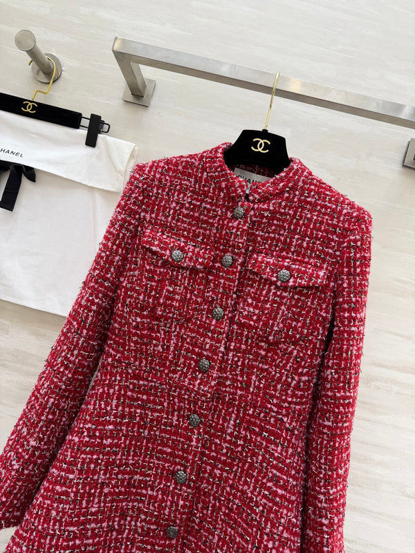 Robe à manches longues en tweed tissé CC Tweed rouge et rose 343197