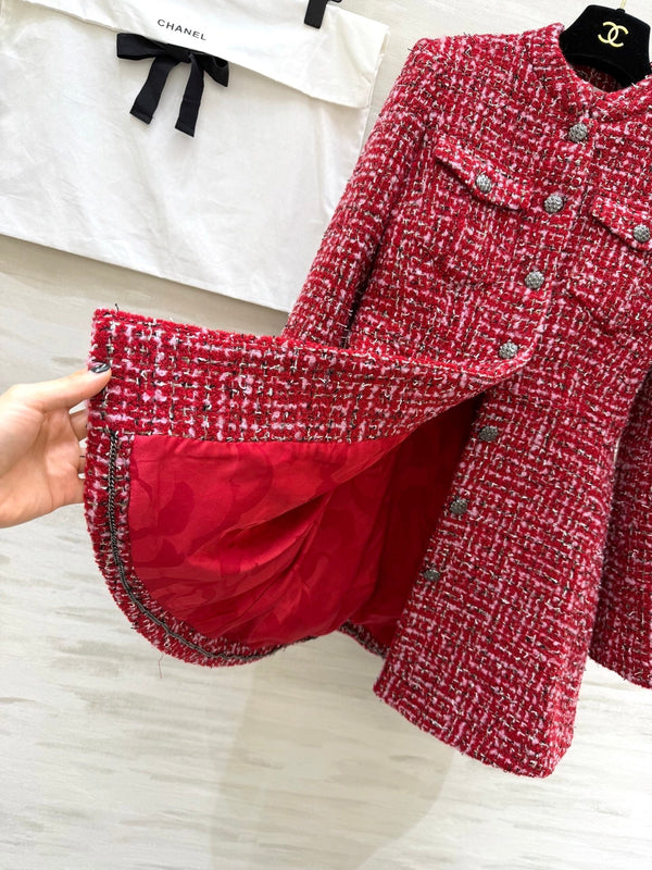 Robe à manches longues en tweed tissé CC Tweed rouge et rose 343197